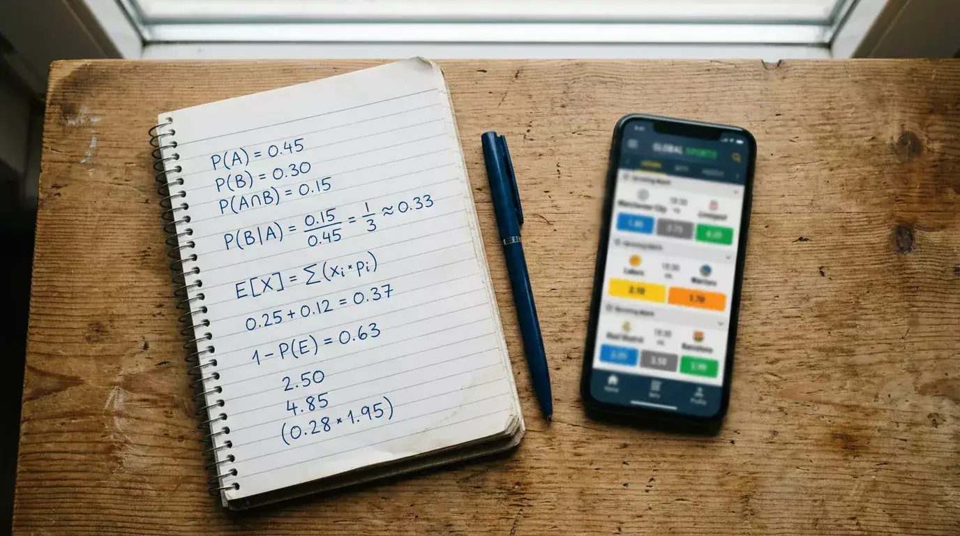 Notebook with handwritten probability calculations next to an open sportsbook app on a phone